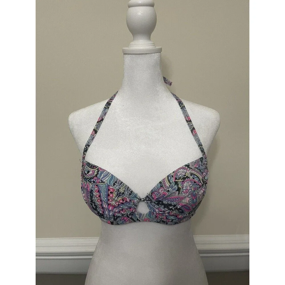 Victoria's Secret  Black Paisley Pushup 32C Bikini Top Swimwear Halter Hippie